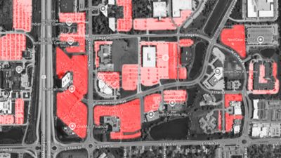Parking spaces along the Meridian Corridor are highlighted in red